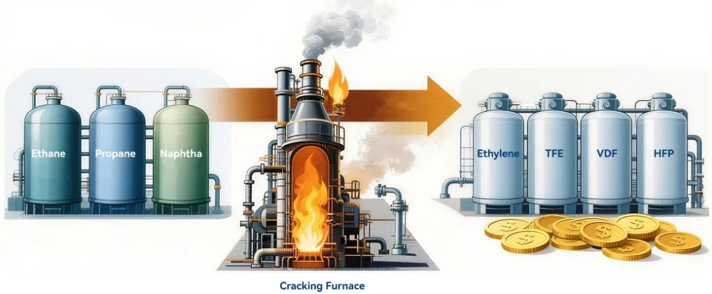 hydrocarbon cracking furnace process to ethylene tfe vdf hfp